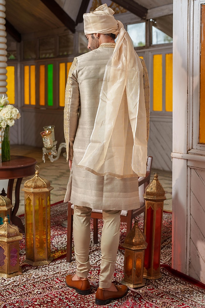 Olive Green Raw Silk Beads & Resham Embroidered Groom Sherwani Set by Amrit Dawani at Pernia's Pop Up Shop