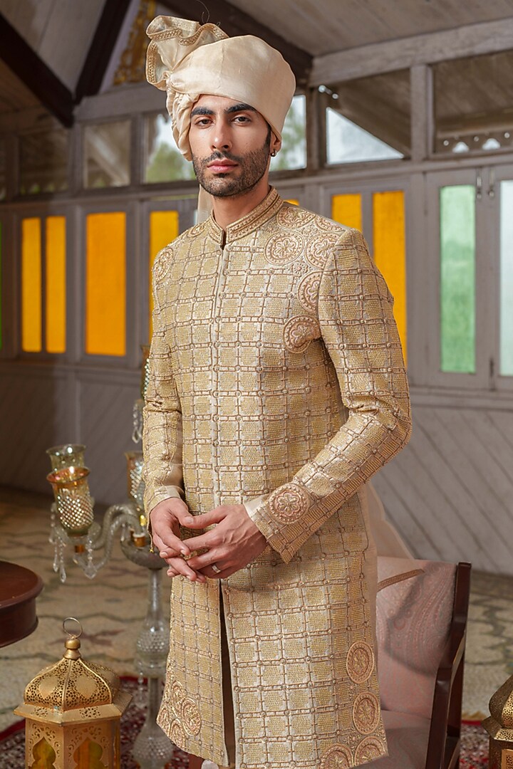 Olive Green Raw Silk Beads & Resham Embroidered Groom Sherwani Set by Amrit Dawani at Pernia's Pop Up Shop