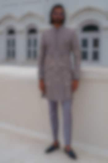 Grey Raw Silk Beads & Resham Embroidered Groom Sherwani Set by Amrit Dawani at Pernia's Pop Up Shop