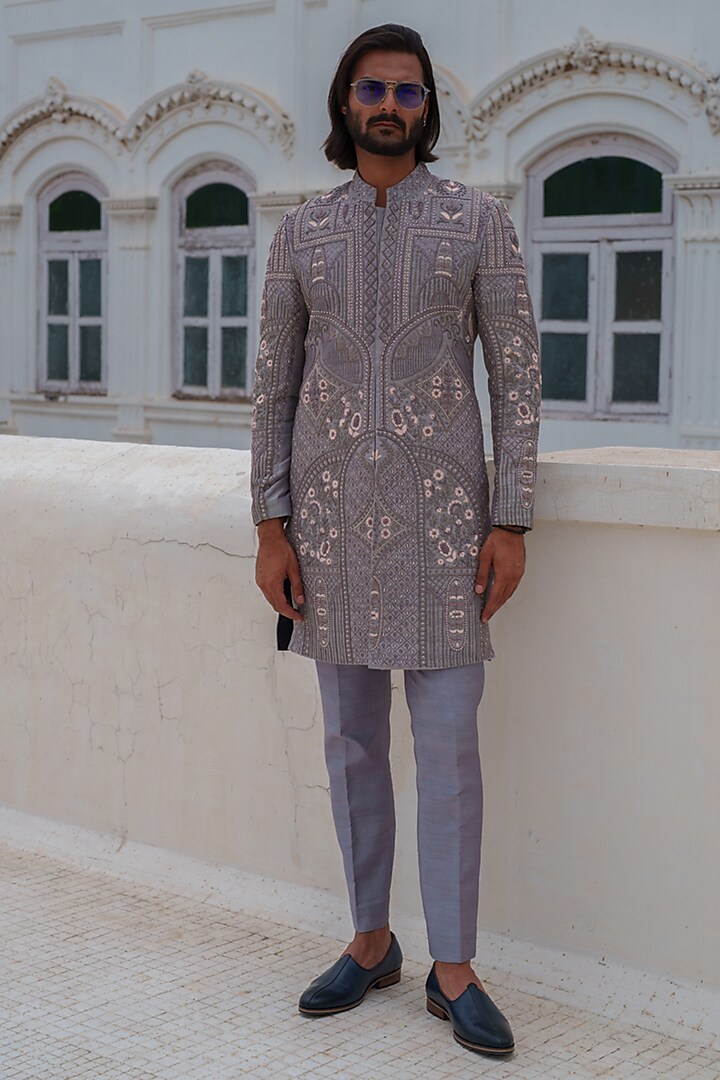 Grey Raw Silk Beads & Resham Embroidered Groom Sherwani Set by Amrit Dawani at Pernia's Pop Up Shop