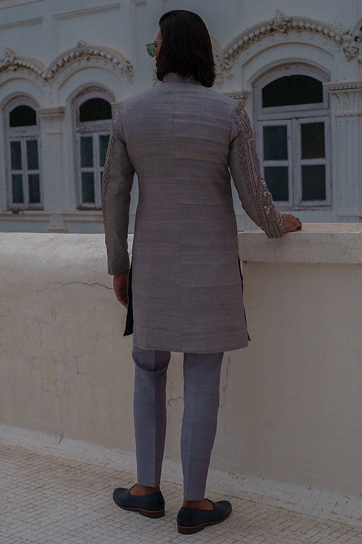 Grey Raw Silk Beads & Resham Embroidered Groom Sherwani Set by Amrit Dawani at Pernia's Pop Up Shop