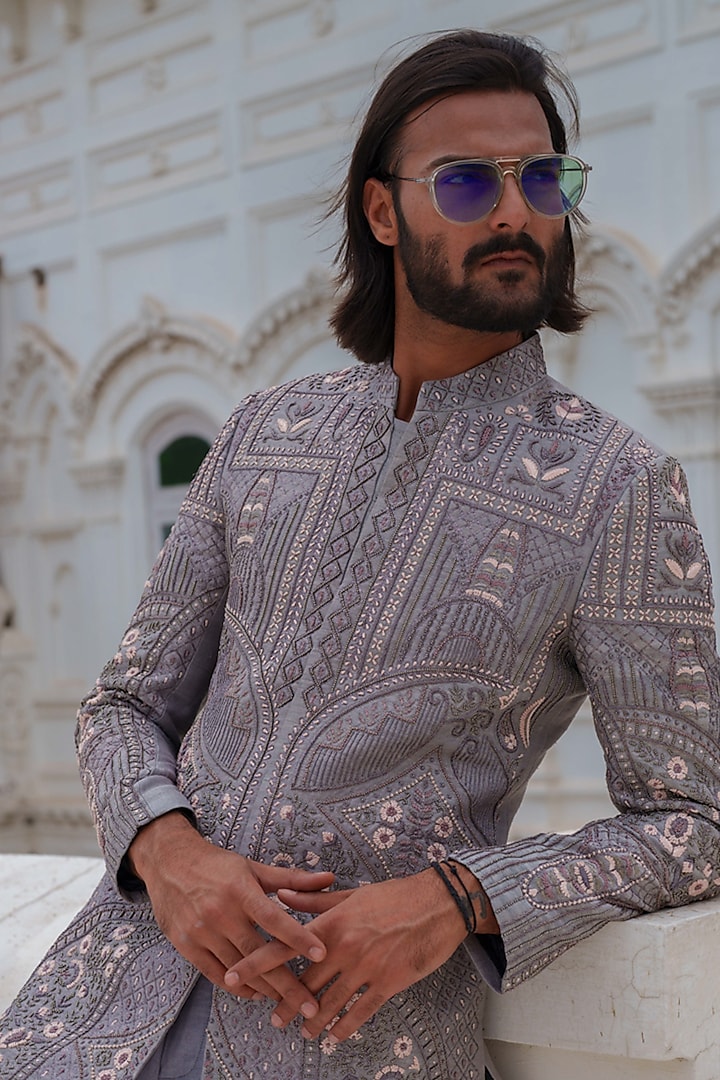 Grey Raw Silk Beads & Resham Embroidered Groom Sherwani Set by Amrit Dawani at Pernia's Pop Up Shop