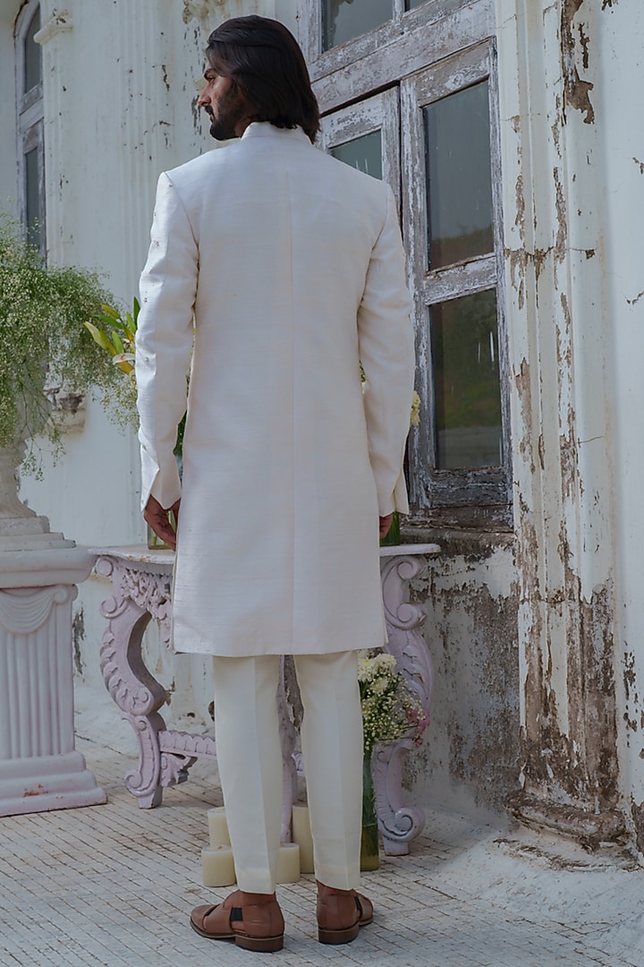 Ivory Raw Silk Thread Embroidered Wedding Sherwani Set by Amrit Dawani at Pernia's Pop Up Shop
