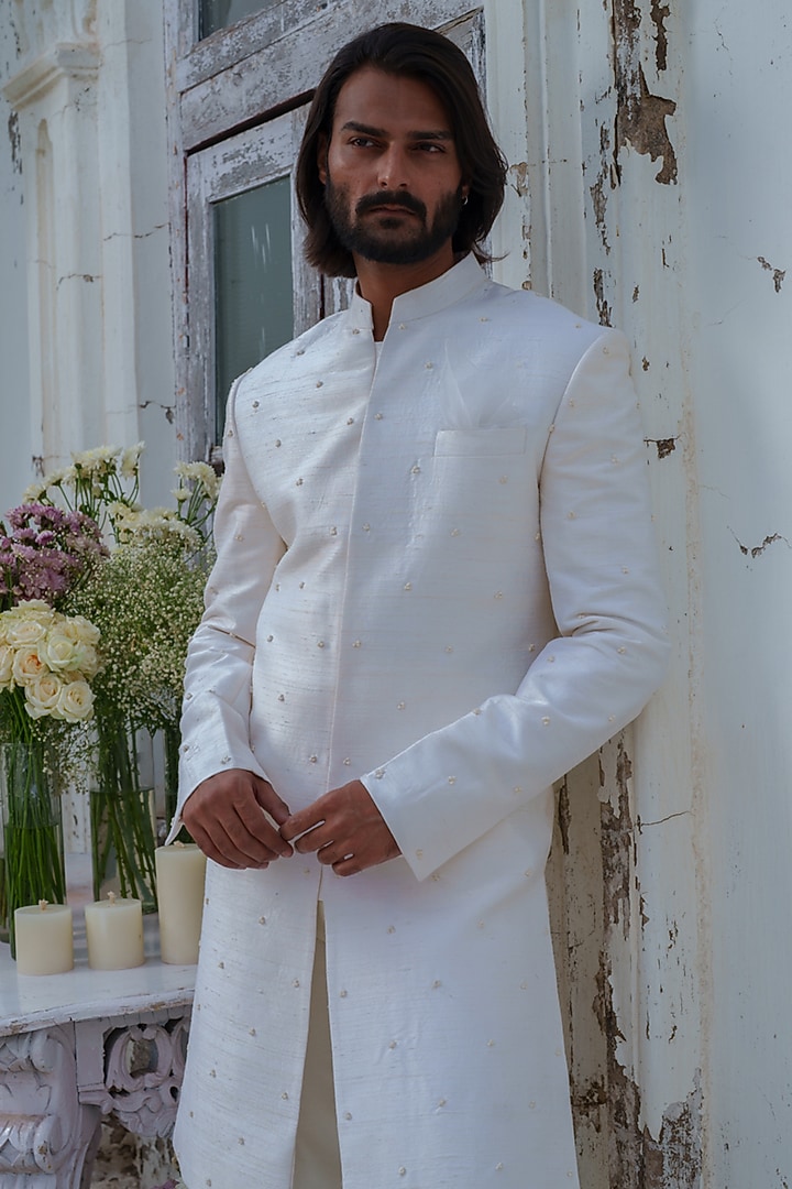Ivory Raw Silk Thread Embroidered Wedding Sherwani Set by Amrit Dawani at Pernia's Pop Up Shop