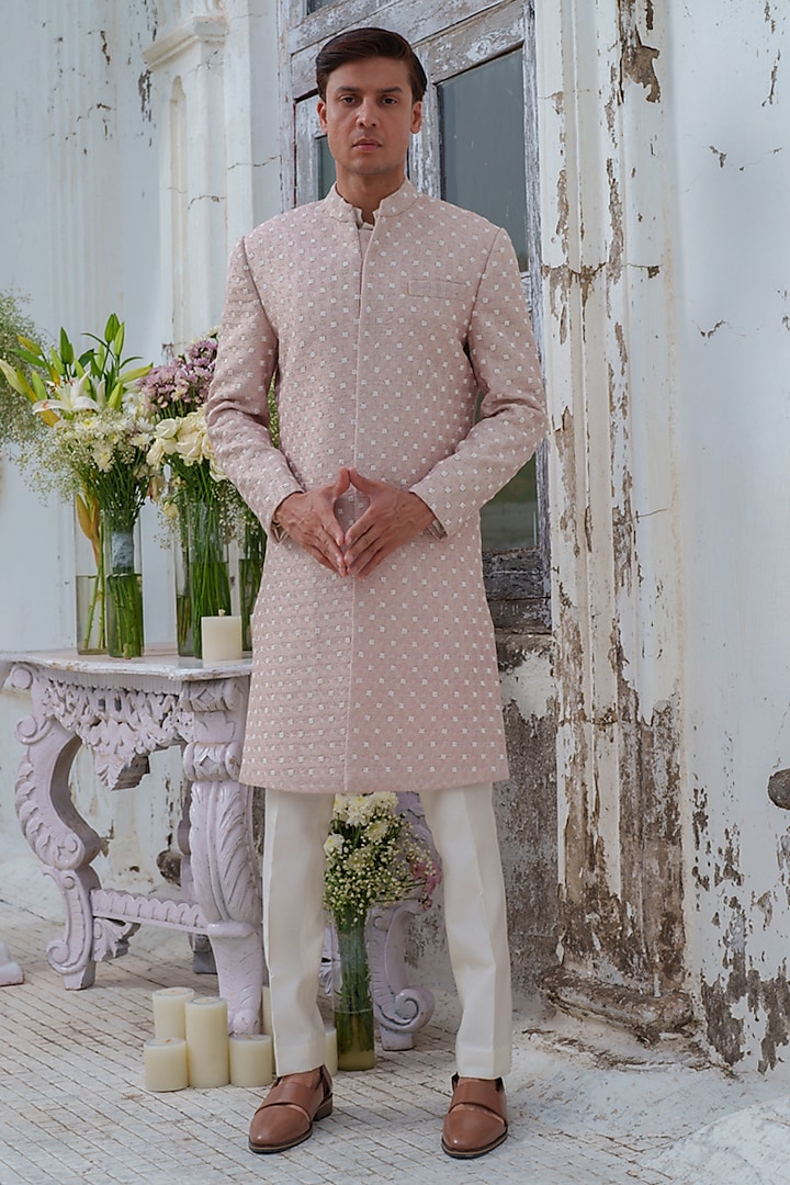 Pink Raw Silk Bead Embroidered Sherwani Set by Amrit Dawani