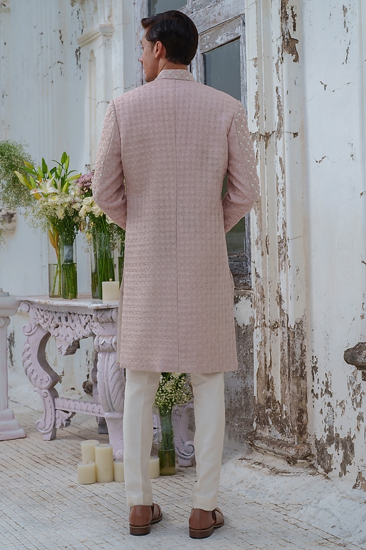 Pink Raw Silk Bead Embroidered Wedding Sherwani Set by Amrit Dawani at Pernia's Pop Up Shop