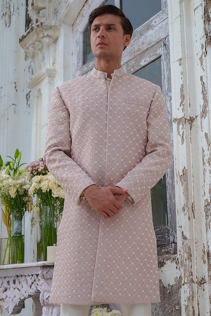 Pink Raw Silk Bead Embroidered Wedding Sherwani Set by Amrit Dawani at Pernia's Pop Up Shop