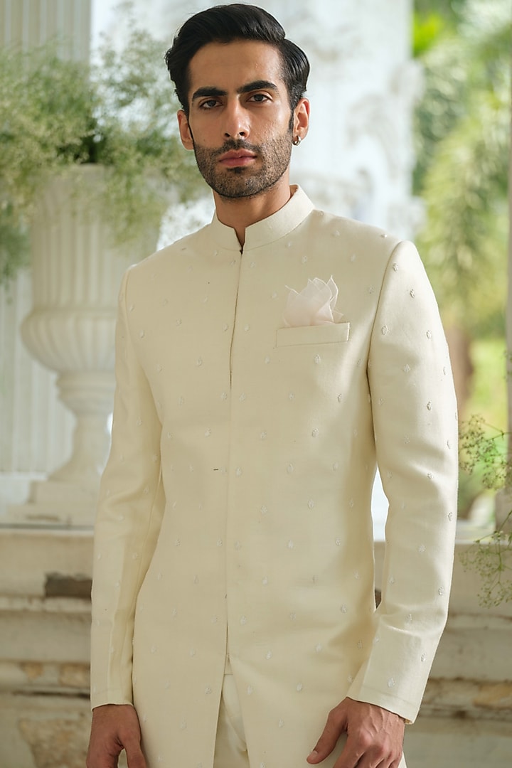 Ivory Silk Resham Embroidered Wedding Sherwani Set by Amrit Dawani at Pernia's Pop Up Shop
