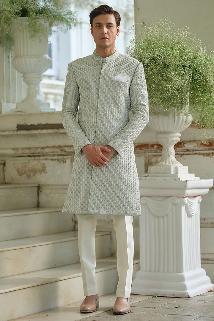 Mint Green Raw Silk Hand Embroidered Groom Sherwani Set by Amrit Dawani at Pernia's Pop Up Shop