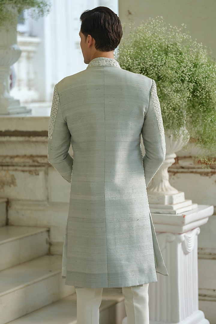 Mint Green Raw Silk Hand Embroidered Groom Sherwani Set by Amrit Dawani at Pernia's Pop Up Shop