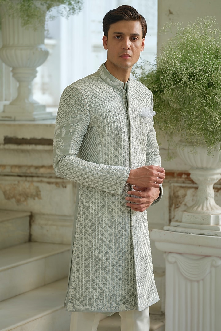 Mint Green Raw Silk Hand Embroidered Groom Sherwani Set by Amrit Dawani at Pernia's Pop Up Shop