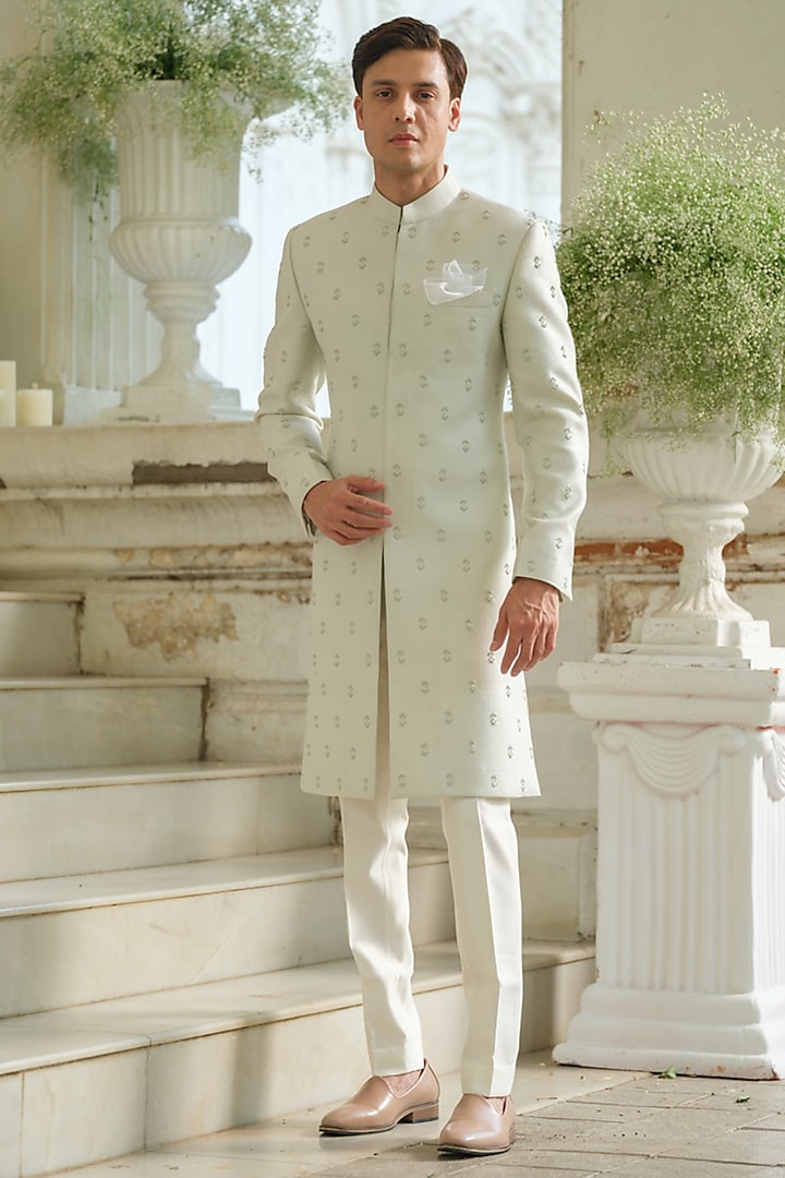 Mint Green Raw Silk Bead Hand Embroidered Sherwani Set by Amrit Dawani