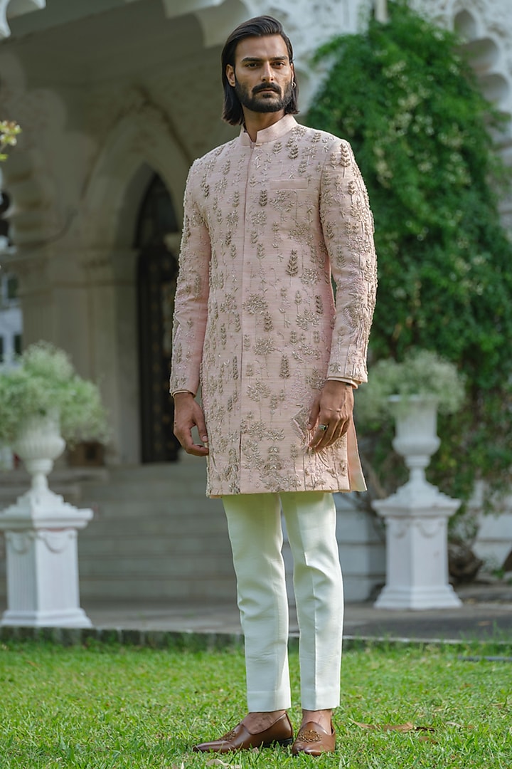 Rose Pink Raw Silk Hand Embroidered Sherwani Set by Amrit Dawani