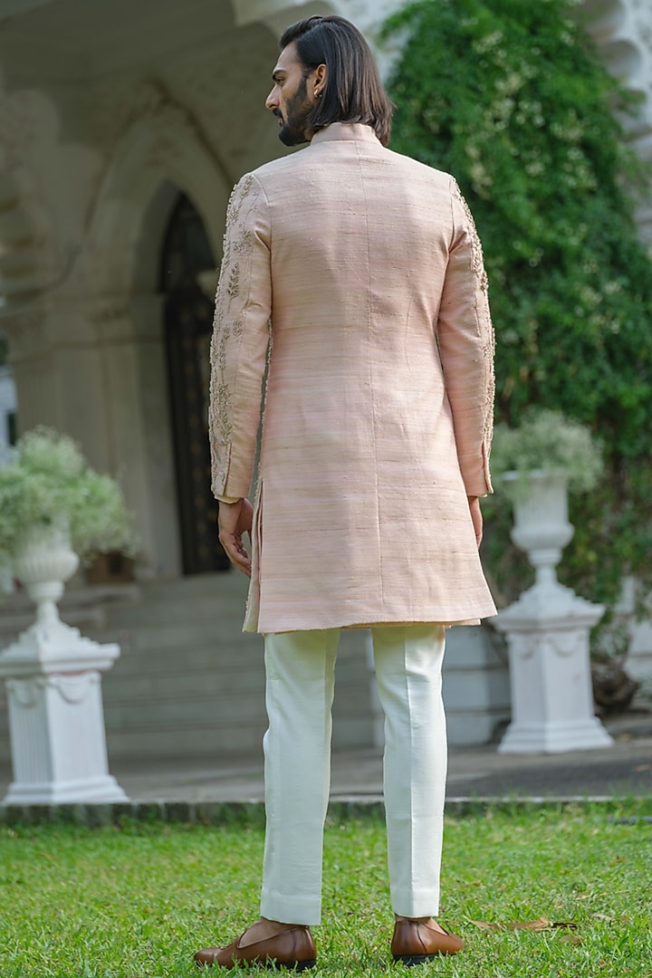 Rose Pink Raw Silk Hand Embroidered Groom Sherwani Set by Amrit Dawani at Pernia's Pop Up Shop