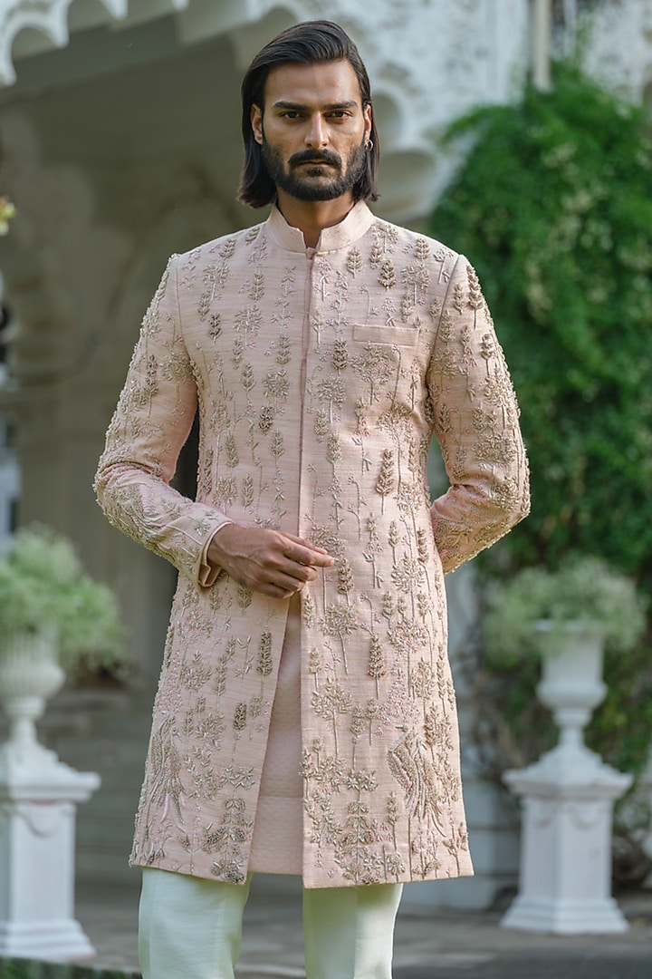 Rose Pink Raw Silk Hand Embroidered Groom Sherwani Set by Amrit Dawani at Pernia's Pop Up Shop