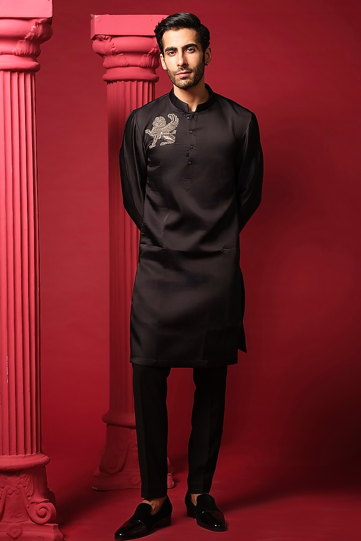 Black Modal Silk Embellished Kurta Set by Amrit Dawani at Pernia's Pop Up Shop