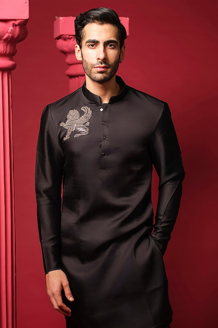 Black Modal Silk Embellished Kurta Set by Amrit Dawani at Pernia's Pop Up Shop