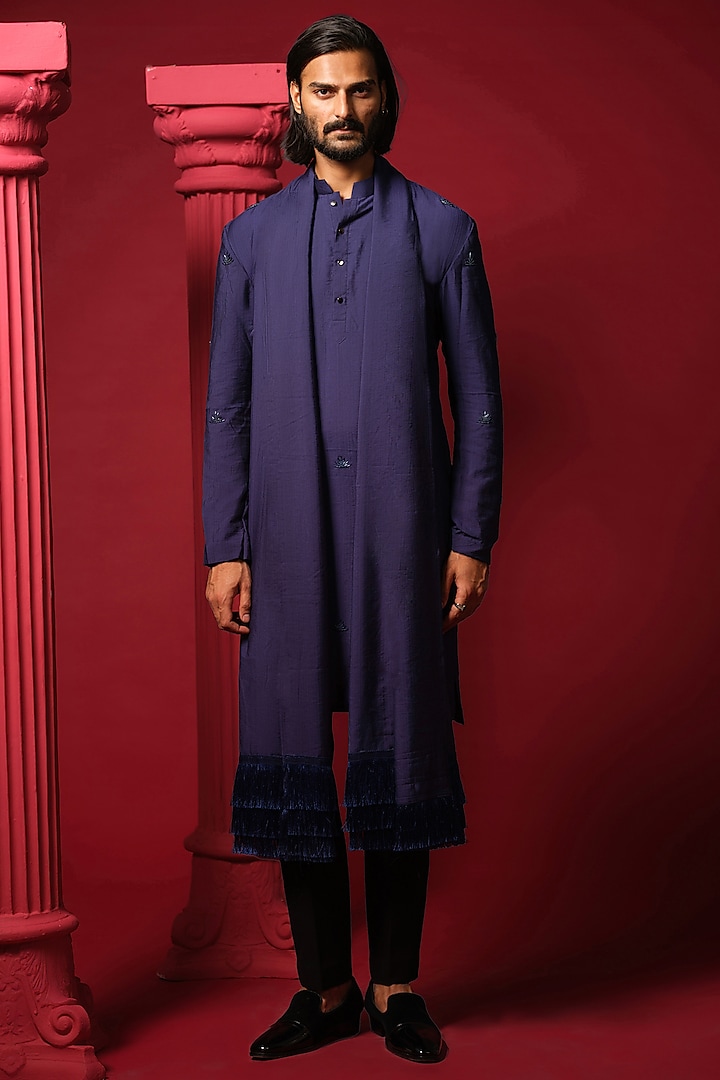 Navy Blue Cotton Blended Embroidered Kurta Set by Amrit Dawani at Pernia's Pop Up Shop