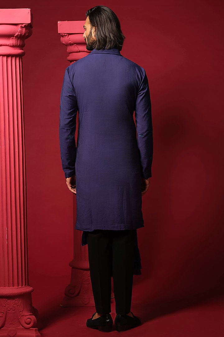 Navy Blue Cotton Blended Embroidered Kurta Set by Amrit Dawani at Pernia's Pop Up Shop