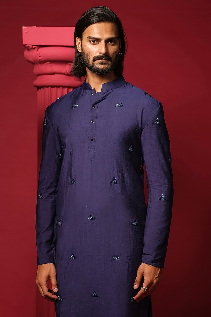 Navy Blue Cotton Blended Embroidered Kurta Set by Amrit Dawani at Pernia's Pop Up Shop