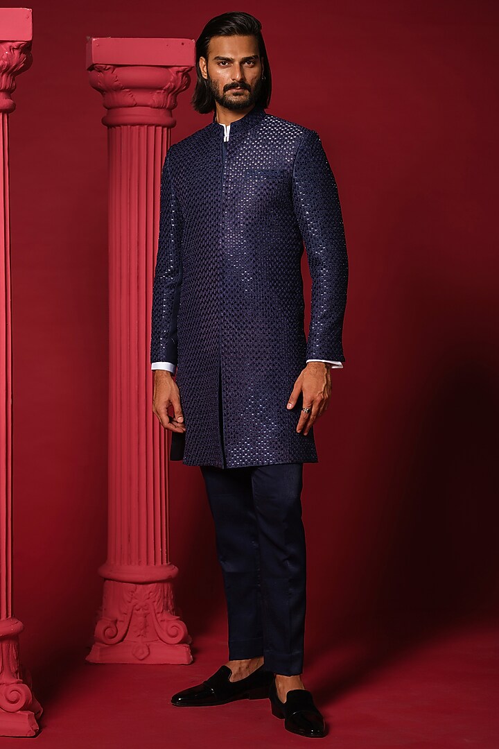 Navy Blue Raw Silk French Knot Work Groom Indowestern Set by Amrit Dawani at Pernia's Pop Up Shop