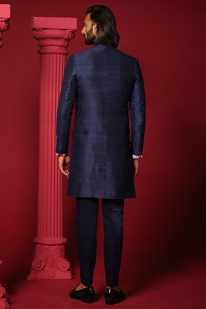 Navy Blue Raw Silk French Knot Work Groom Indowestern Set by Amrit Dawani at Pernia's Pop Up Shop