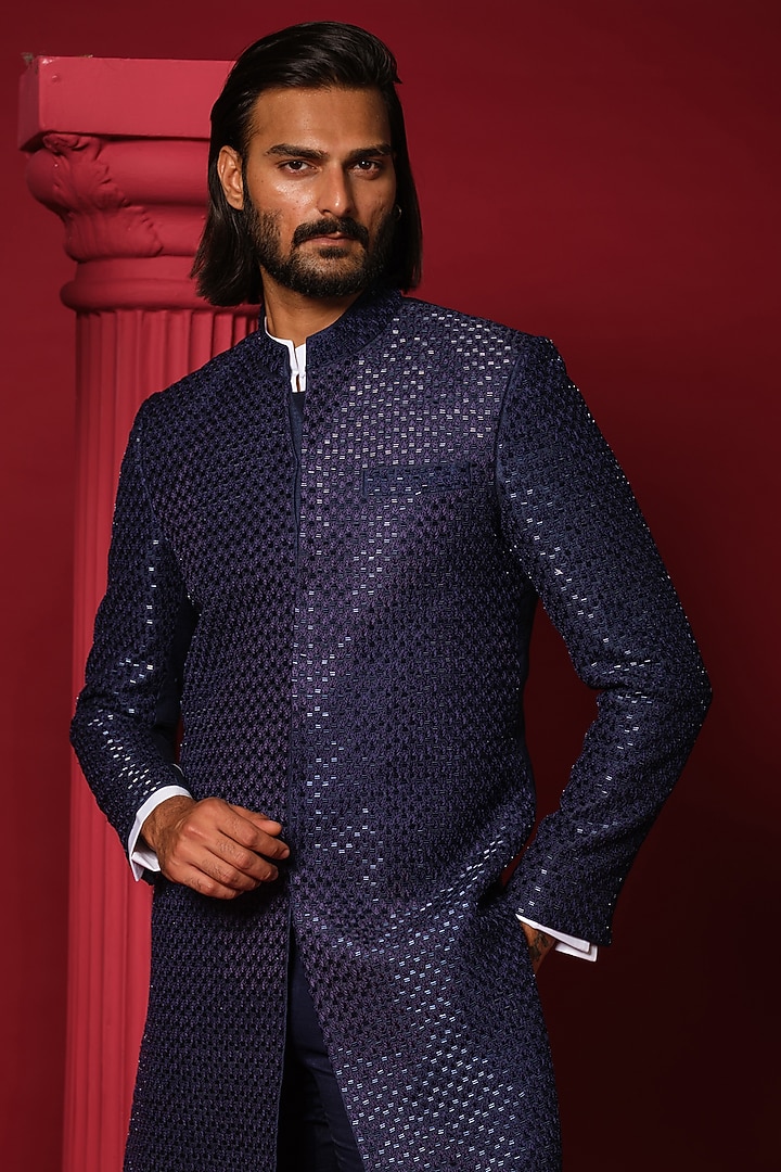 Navy Blue Raw Silk French Knot Work Groom Indowestern Set by Amrit Dawani at Pernia's Pop Up Shop