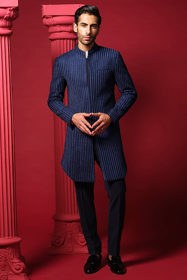 Navy Blue Japanese Polyester Beadwork Groom Indowestern Set by Amrit Dawani at Pernia's Pop Up Shop