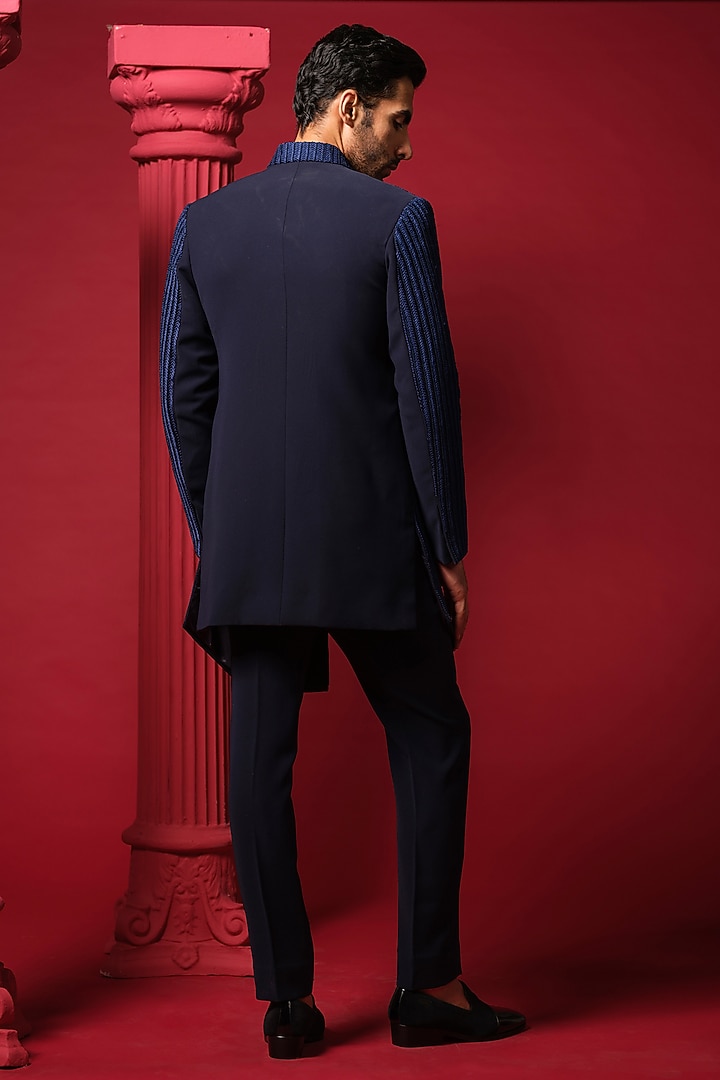 Navy Blue Japanese Polyester Beadwork Groom Indowestern Set by Amrit Dawani at Pernia's Pop Up Shop