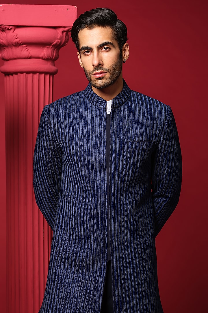 Navy Blue Japanese Polyester Beadwork Groom Indowestern Set by Amrit Dawani at Pernia's Pop Up Shop
