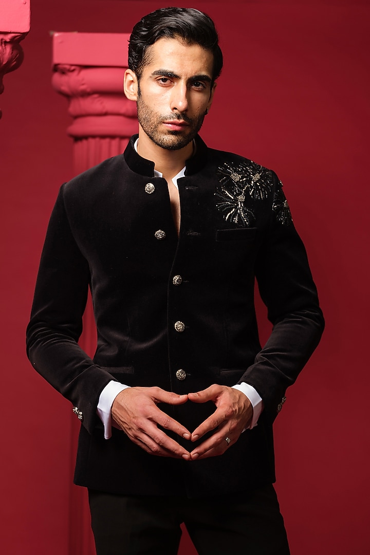 Black Velvet Floral Motifs Embellished Wedding Bandhgala Set by Amrit Dawani at Pernia's Pop Up Shop
