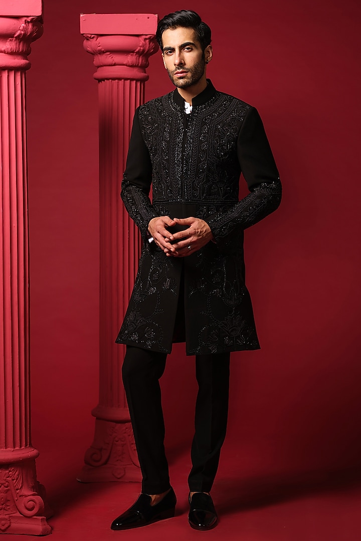 Black Japanese Polyester Resham Work Indowestern Set by Amrit Dawani