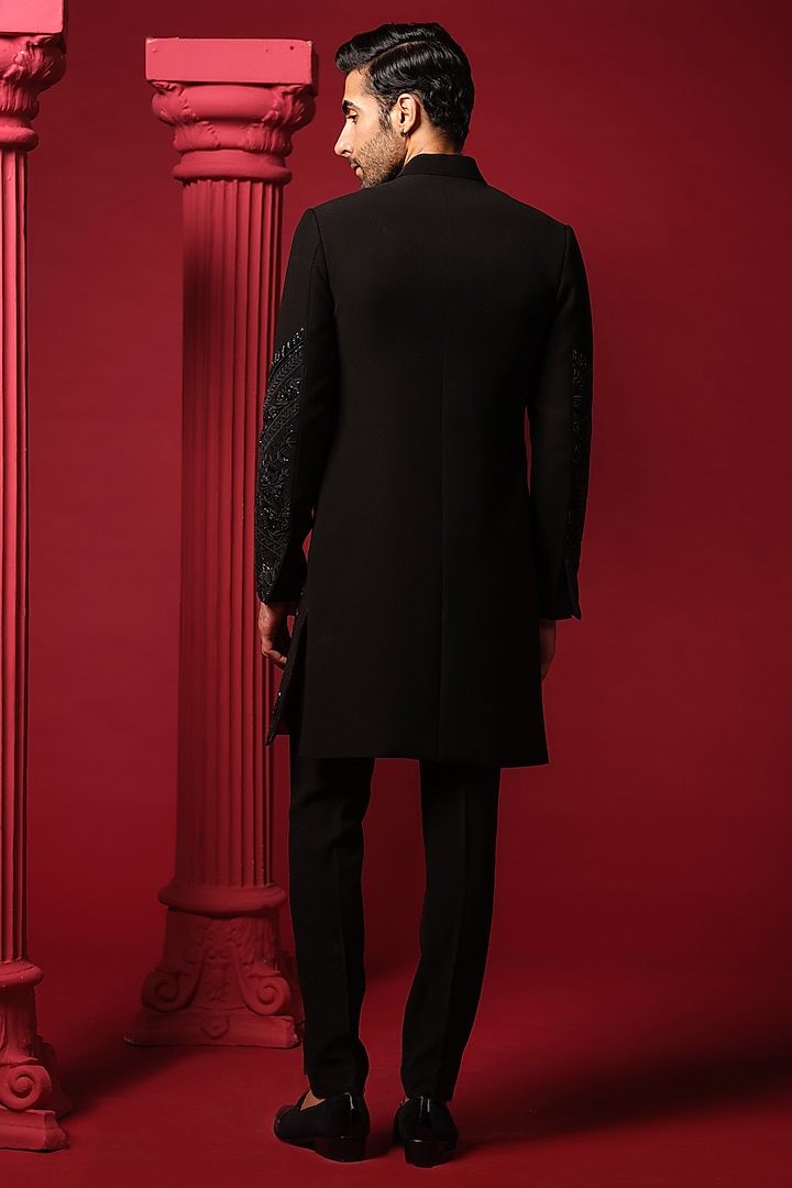 Black Japanese Polyester Resham Work Groom Indowestern Set by Amrit Dawani at Pernia's Pop Up Shop