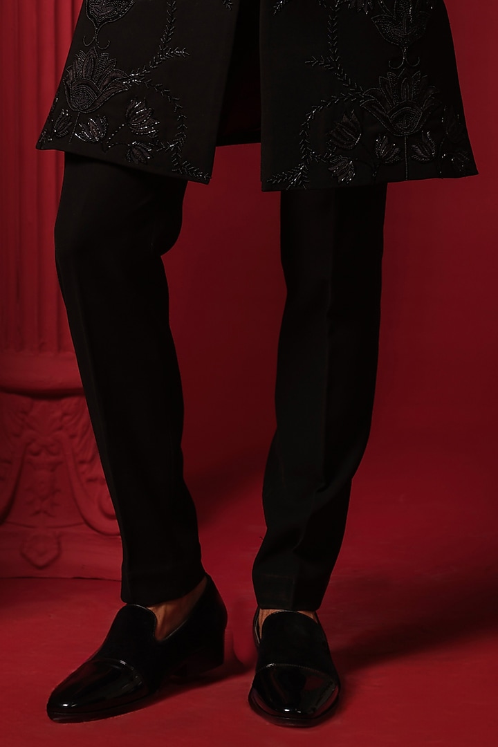 Black Japanese Polyester Resham Work Groom Indowestern Set by Amrit Dawani at Pernia's Pop Up Shop