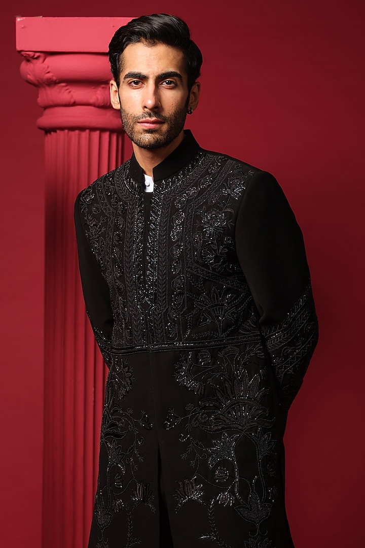 Black Japanese Polyester Resham Work Groom Indowestern Set by Amrit Dawani at Pernia's Pop Up Shop
