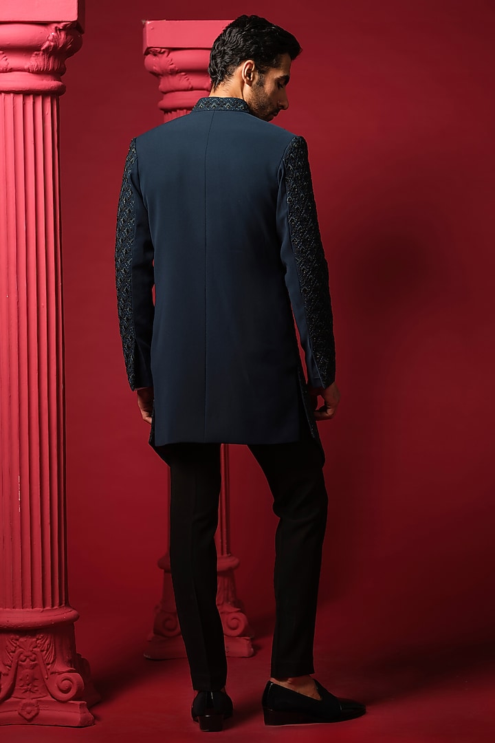 Teal Green Japanese Polyester Resham Embroidered Groom Indowestern Set by Amrit Dawani at Pernia's Pop Up Shop