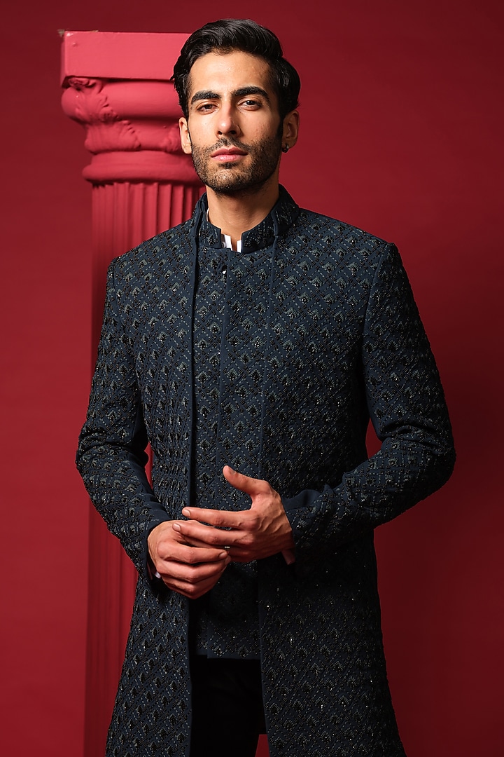 Teal Green Japanese Polyester Resham Embroidered Groom Indowestern Set by Amrit Dawani at Pernia's Pop Up Shop
