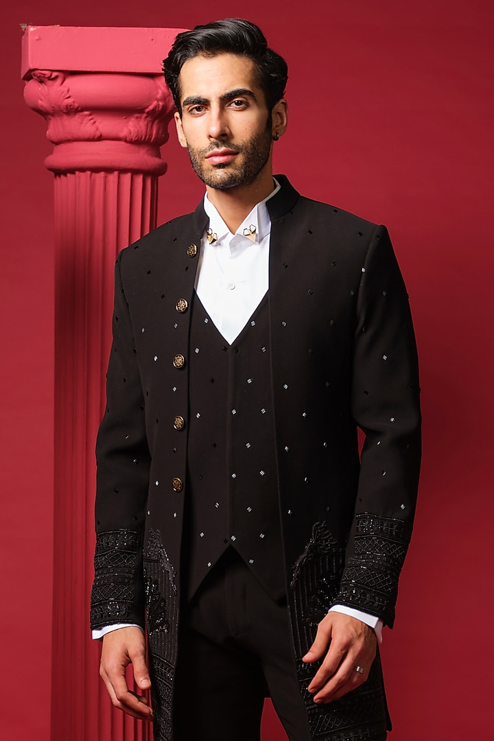 Black Japanese Polyester Motif Work Wedding Indowestern Set by Amrit Dawani at Pernia's Pop Up Shop
