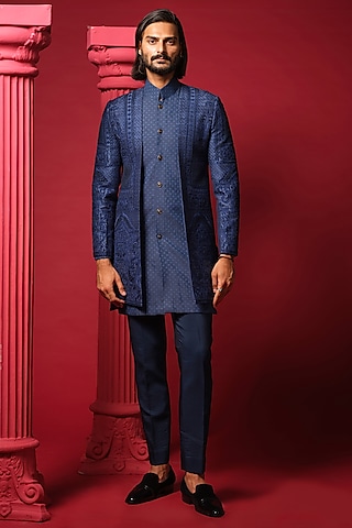 Navy Blue Raw Silk Resham Embroidered Indowestern Set by Amrit Dawani
