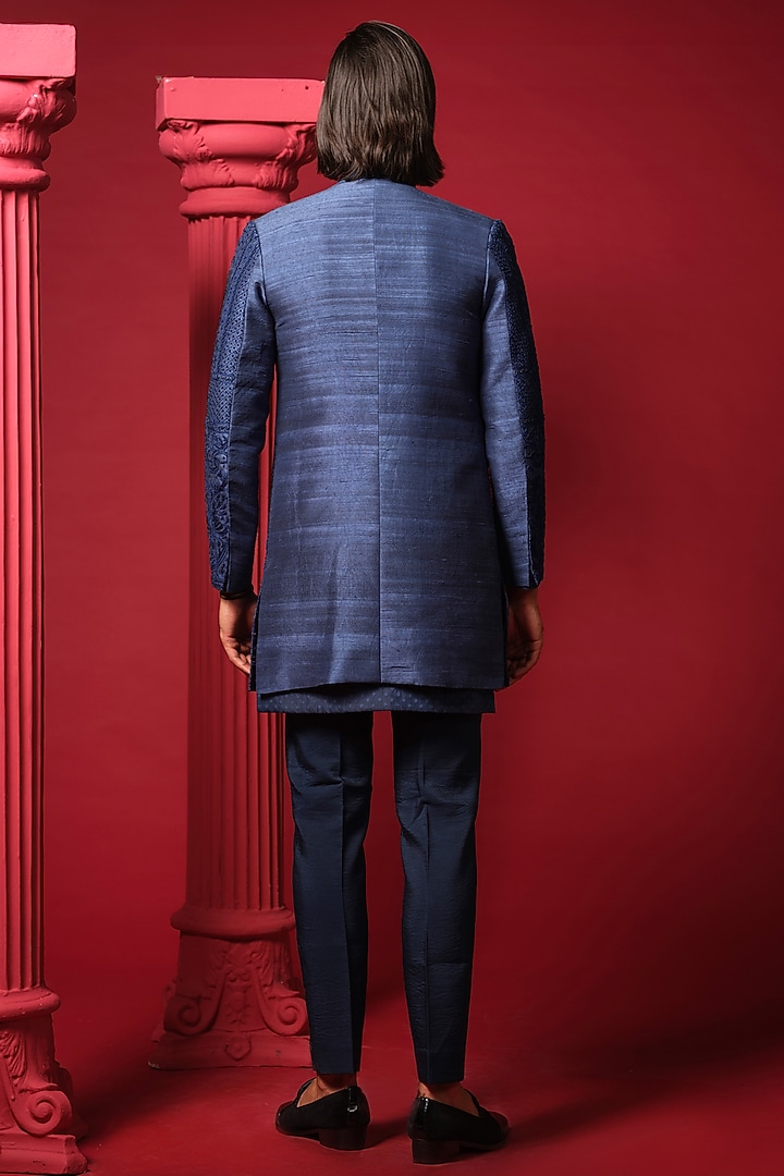 Navy Blue Raw Silk Resham Embroidered Wedding Indowestern Set by Amrit Dawani at Pernia's Pop Up Shop