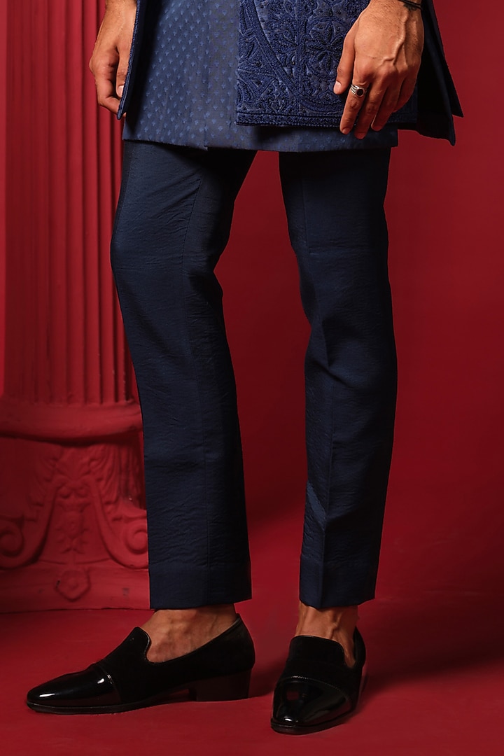 Navy Blue Raw Silk Resham Embroidered Wedding Indowestern Set by Amrit Dawani at Pernia's Pop Up Shop