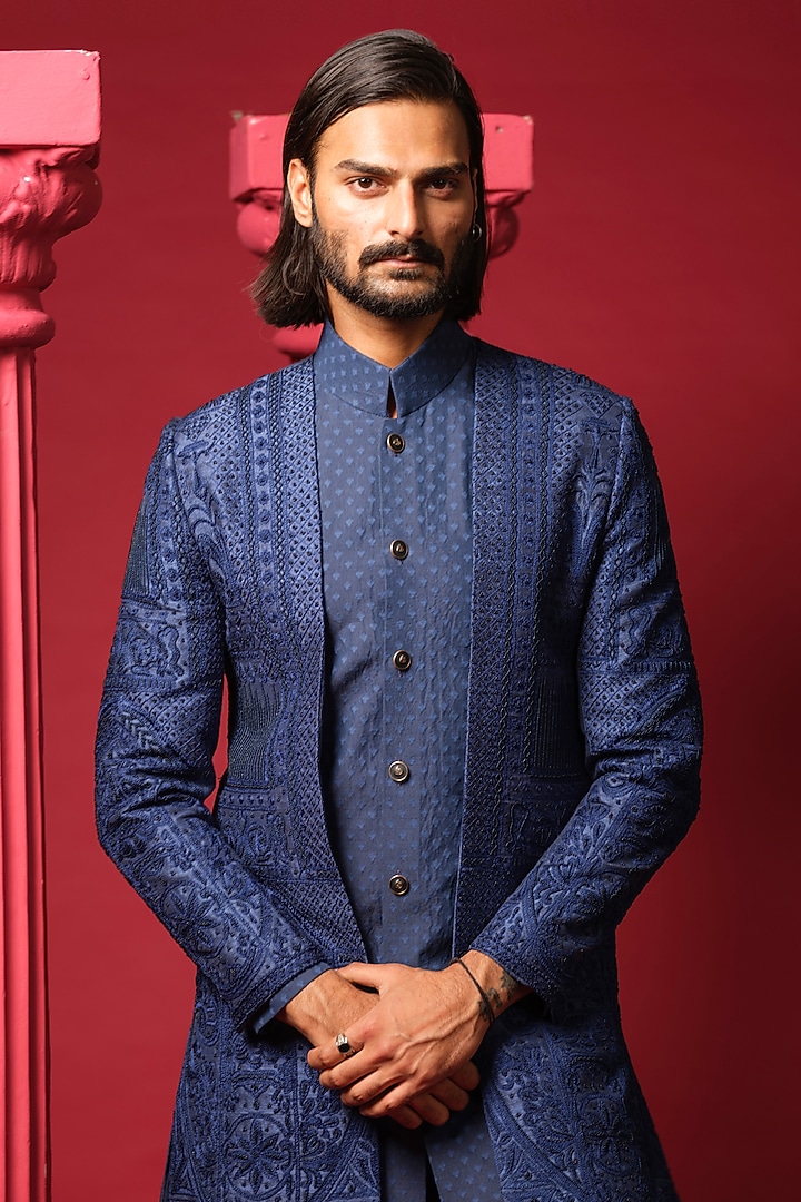 Navy Blue Raw Silk Resham Embroidered Wedding Indowestern Set by Amrit Dawani at Pernia's Pop Up Shop