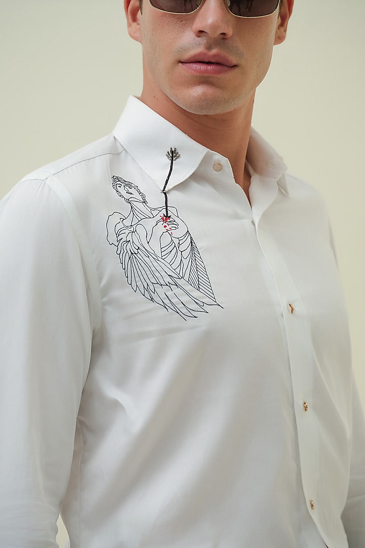 White Cotton Embroidered Party Wear Shirt by Amrit Dawani at Pernia's Pop Up Shop