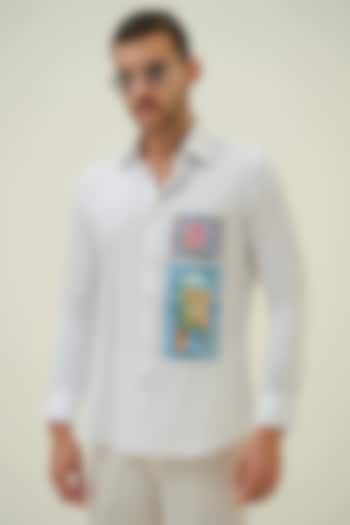 White Cotton Handpainted & Embroidered Shirt by Amrit Dawani