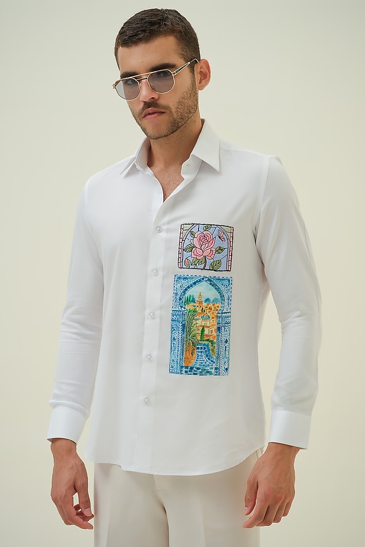 White Cotton Handpainted & Embroidered Shirt by Amrit Dawani
