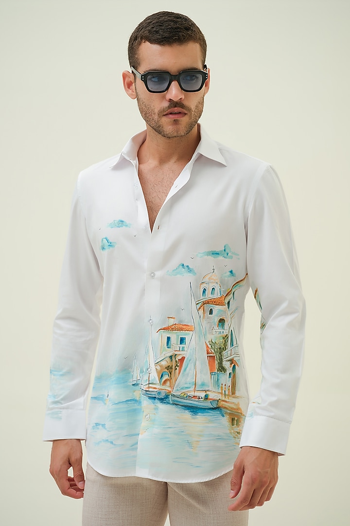 White Cotton Handpainted Shirt by Amrit Dawani