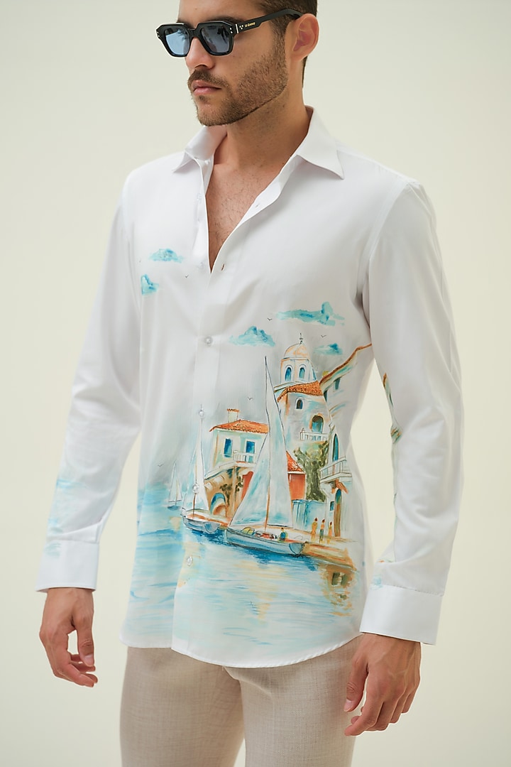 White Cotton Handpainted Party Wear Shirt by Amrit Dawani at Pernia's Pop Up Shop