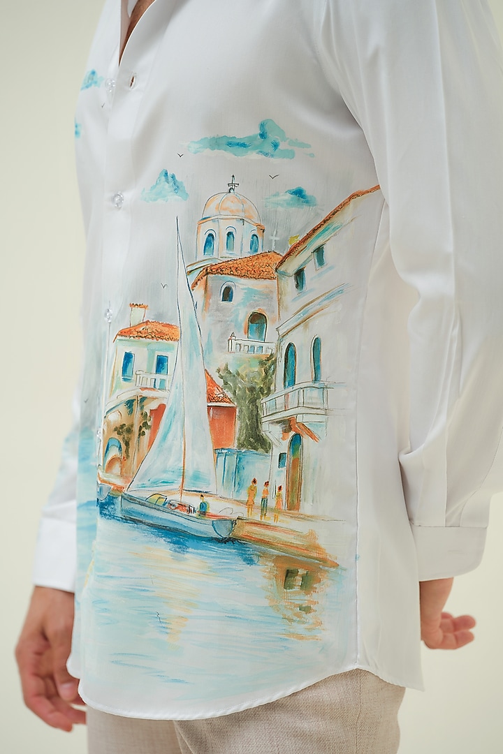 White Cotton Handpainted Party Wear Shirt by Amrit Dawani at Pernia's Pop Up Shop
