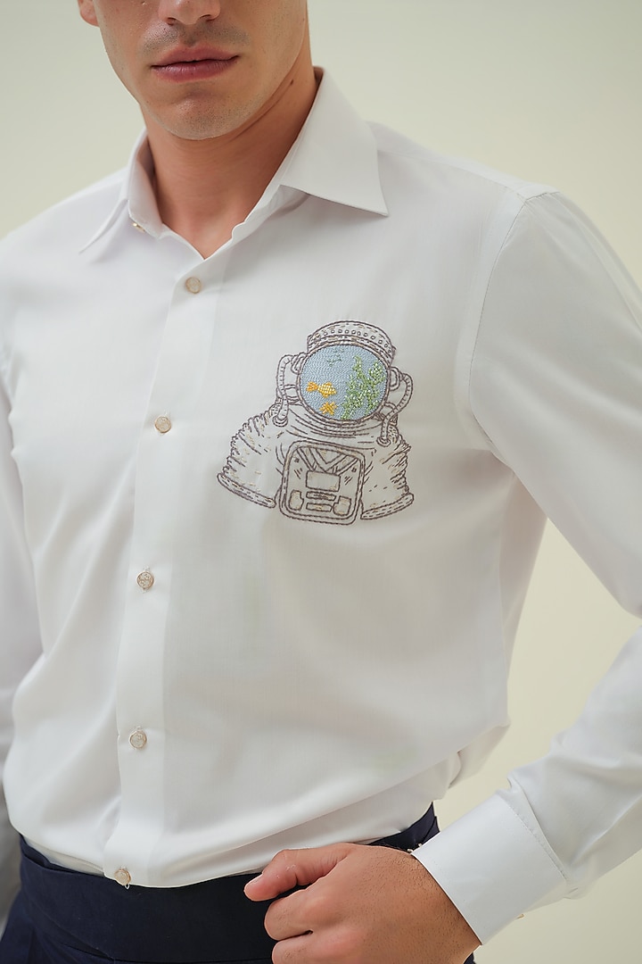 White Cotton Hand Embroidered Party Wear Shirt by Amrit Dawani at Pernia's Pop Up Shop