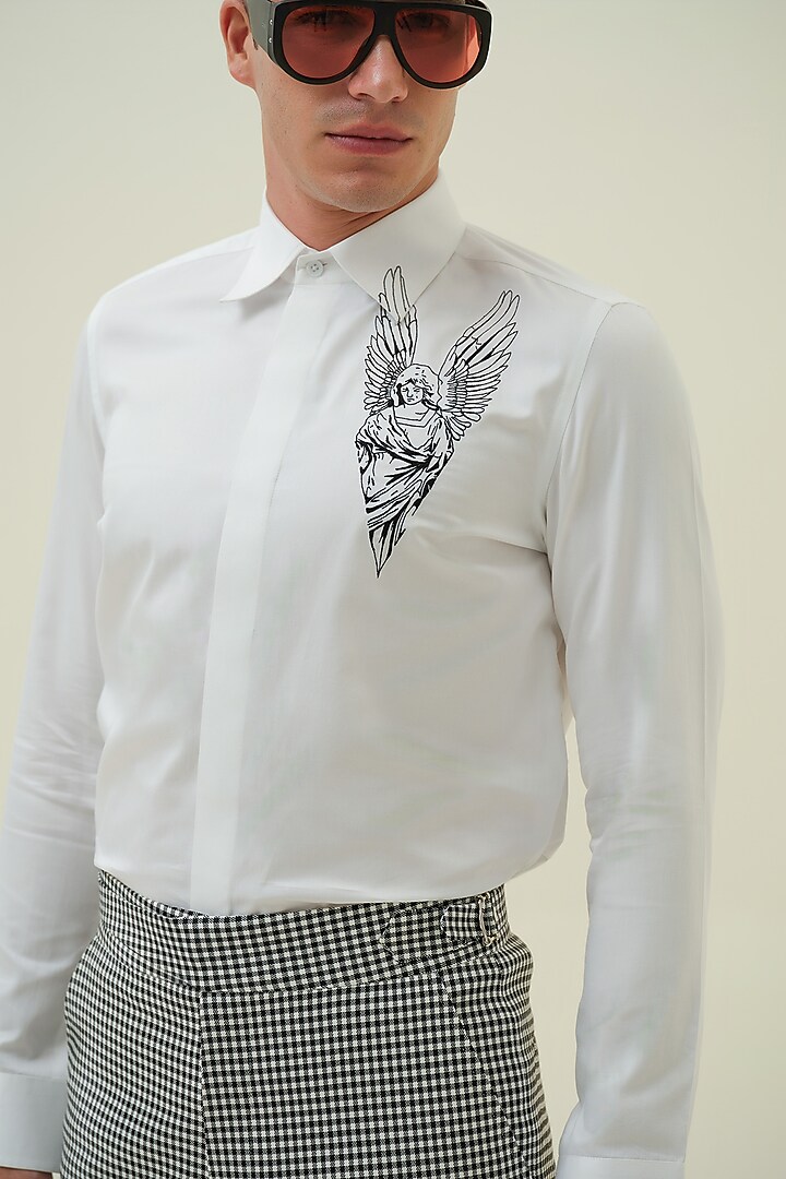 White Cotton Motif Embroidered Party Wear Shirt by Amrit Dawani at Pernia's Pop Up Shop